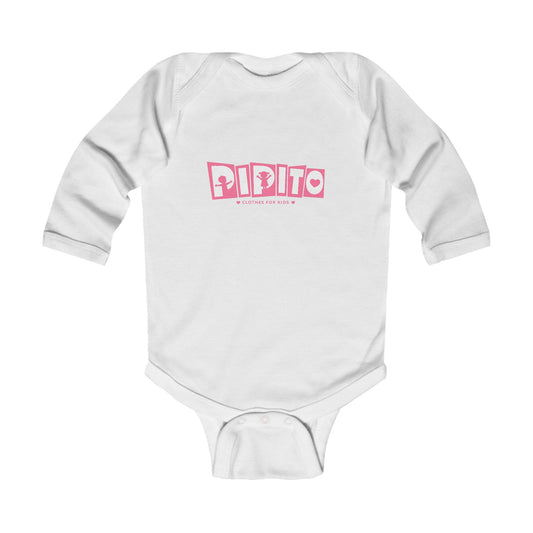 Baby Bodysuit – Pink "pipito" Retro Block Logo Infant Long Sleeve Onesie